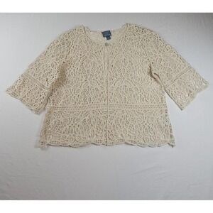 Rabbit Women's Crochet Cardigan L Button Beige 3/4 Sleeve‎ 100% Cotton
